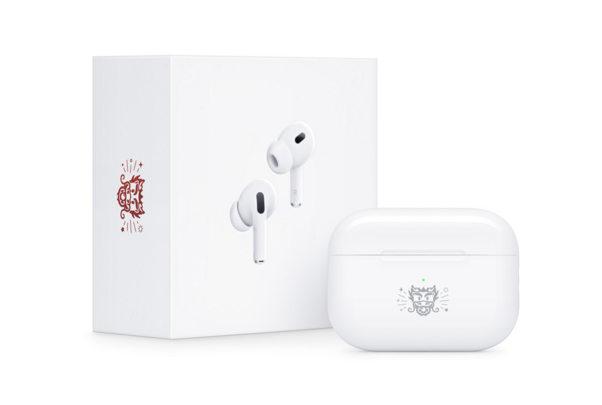 AirPods Pro 2龍年特別版有龍圖像的鐫刻，被星星與煙火圍繞，並採用搶眼的紅色。 圖：截自蘋果官網。