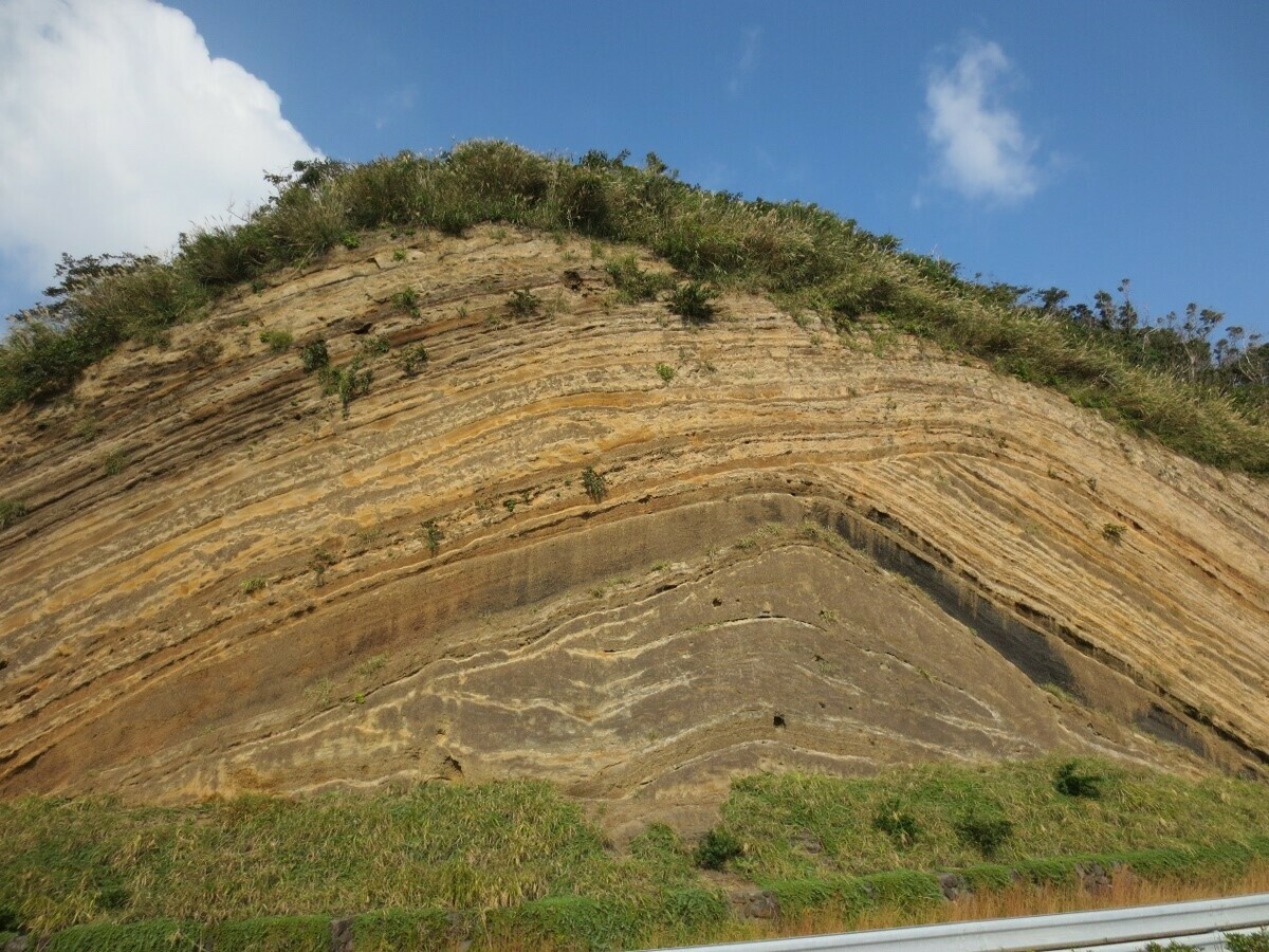 大島的「千波地層切斷面」由1萬5000年來，數百回火山噴發所形成的層疊模樣。 圖：©TCVB／提供