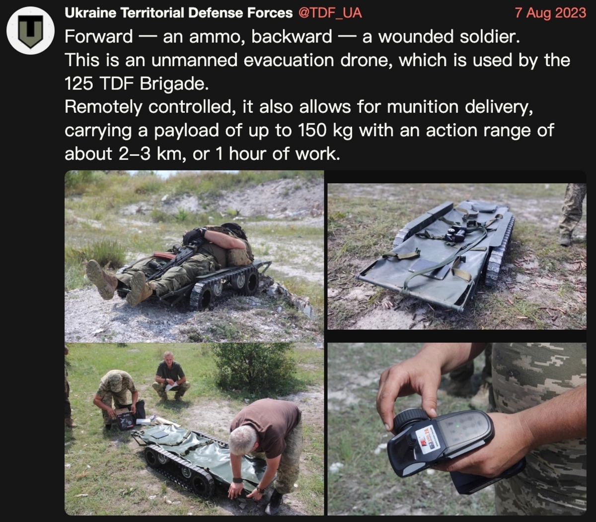 事實上，烏軍也擁有類似撤離戰場傷員的遙控無人機具。據烏國土防衛部隊介紹，被稱為「自走輪床」的該器具可運輸重達 150 公斤的物品，充電一次能行駛 2 到 3 公里。 圖：取自「X」（原推特）@TDF_UA