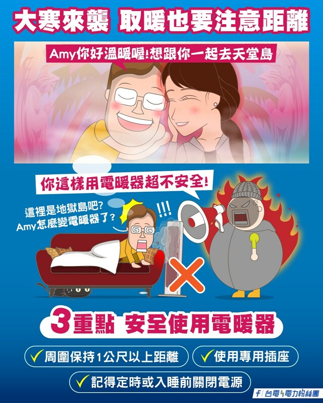 台電特別提醒使用電暖器的3個注意事項，分別為與易燃物保持1公尺以上距離、要用專用插座、記得定時或入睡前關閉電源。 圖：取自台電電力粉絲團