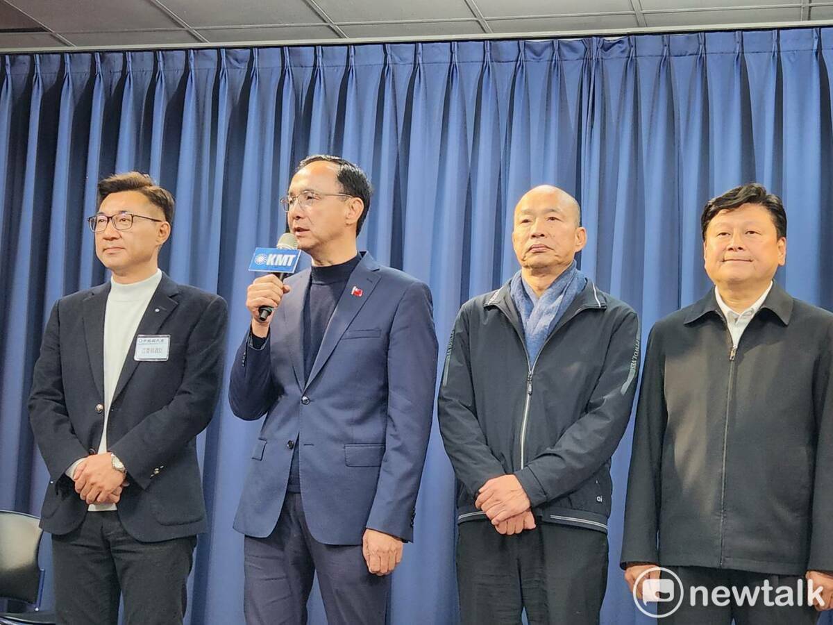 朱立倫帶著韓國瑜、江啟臣、傅崐萁出面召開記者會，宣布由韓國瑜、江啟臣搭檔參選立法院正副院長。 圖：黃建豪/攝