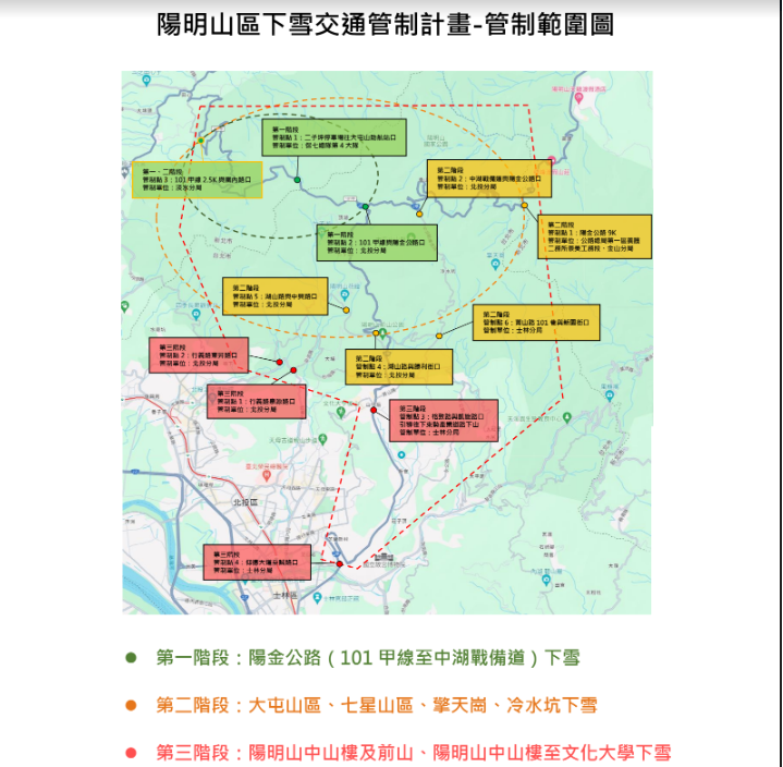 陽明山區下雪交通管制計畫-管制範圍圖。 圖：北市公共運輸處提供