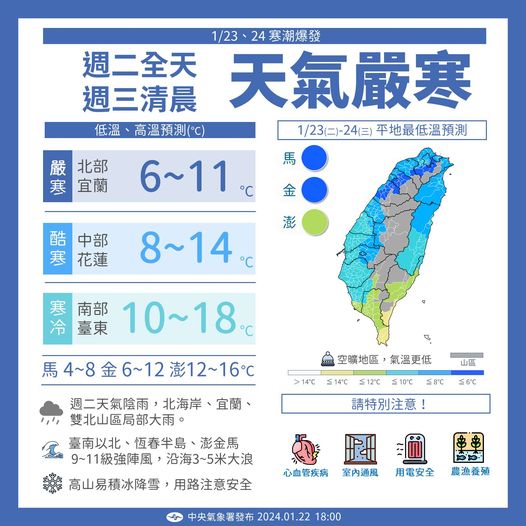 氣象署表示，今(23)日寒潮凍爆全台，最低剩6度。 圖：中央氣象署／提供