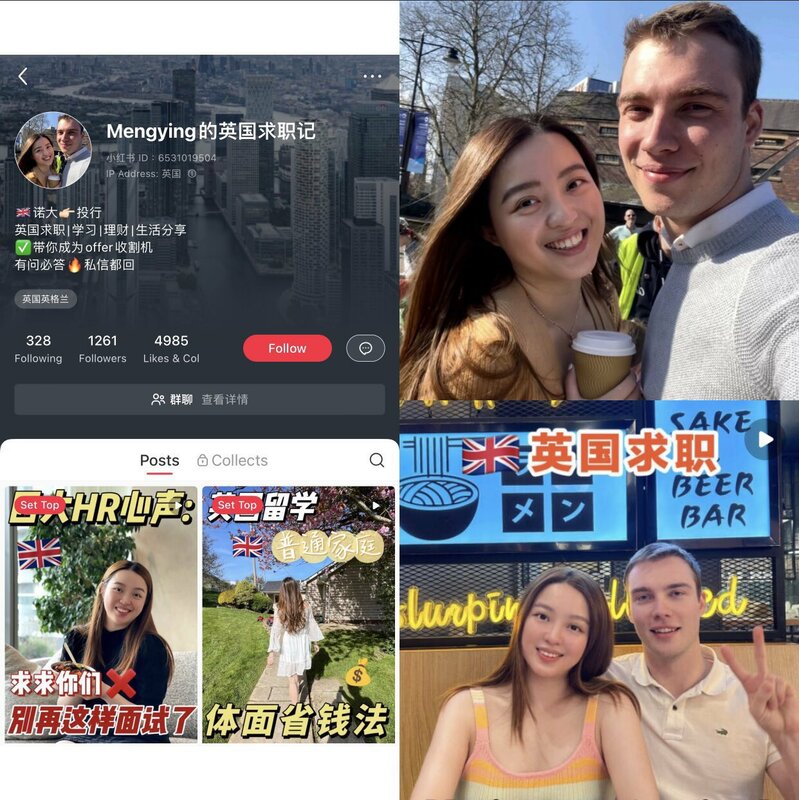 有網友起底，手持五星旗的女子名為 Liu mengying（音譯劉夢穎），創辦一間求職諮詢公司，協助了上千名留學生進大公司就業。 圖：取自「X」@xinwendiaocha