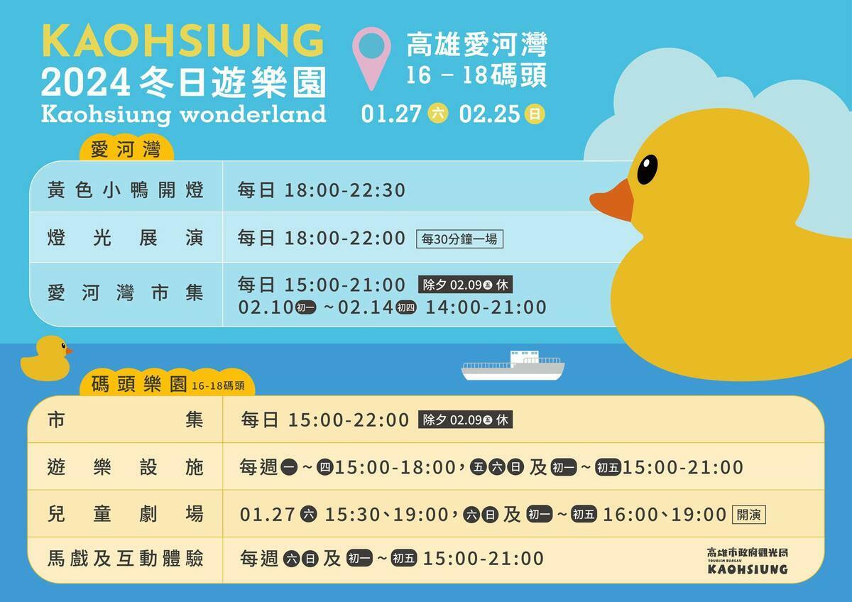 「2024 Kaohsiung Wonderland 冬日遊樂園」活動27日揭幕，黃色小鴨強勢回歸，將在愛河灣亮相。 圖：翻攝自高雄市政府臉書
