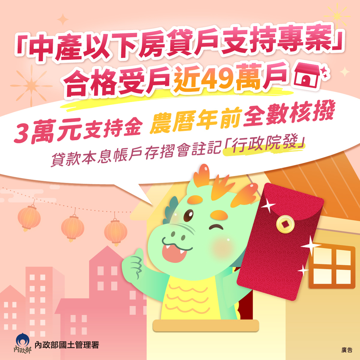 國土署：近49萬戶3萬元定額支持金 農曆年前全數核撥入帳