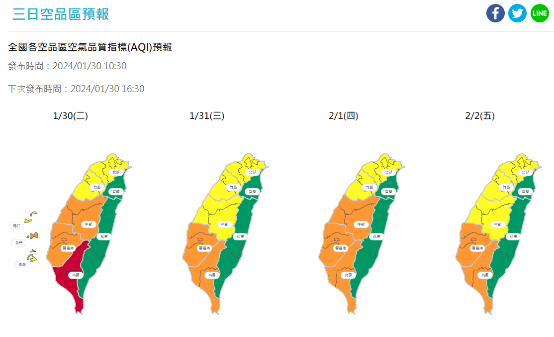 根據環境部空品預報也指出，環境風場轉變導致西半部擴散條件轉差，今日高屏地區空品為紅色警戒。 圖： 取自空氣品質監測網