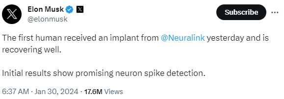 馬斯克今(30)日在社群平台X發文表示，「Neuralink」已為第1位人類患者植入大腦晶片，患者術後恢復良好，並稱初步結果顯示，神經細胞檢測實驗很有前景。 圖：翻攝自X