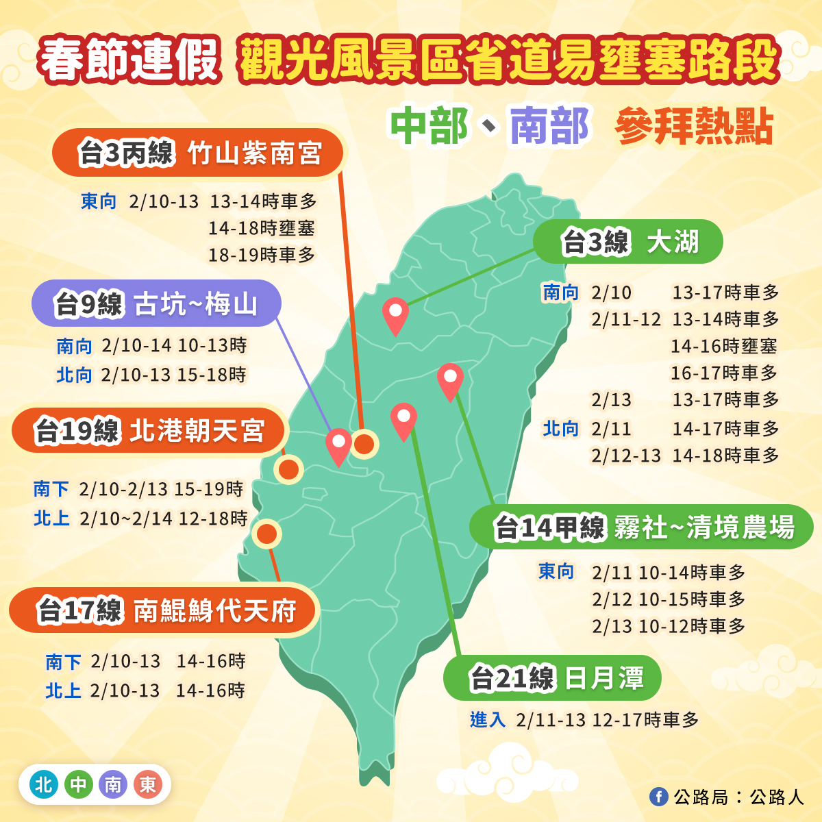 公路局今(31)日表示，2月7日下午至2月14日止，將執行春節連續假期交通疏運計畫。 圖：公路局／提供