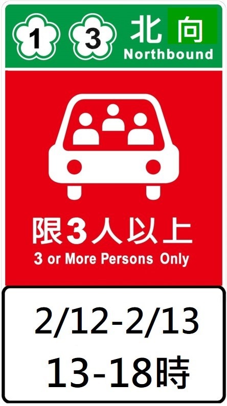 圖一。為方便民眾快速掌握管制內容，高乘載告示牌採圖形化標示，以綠底白字呈現管制的路線和方向、紅底白字呈現管制車種和人數、再以白底黑字呈現管制日期和時段。 圖：高公局／提供