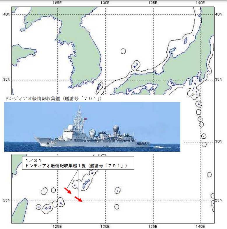 日本防衛省統合幕僚監部發布監控訊息，中國海軍815型電子偵察艦「北極星號(舷號791)」31日穿過沖宮水道進入太平洋，研判是為就近監控美日操演蒐集情報。 圖：翻攝mod.go.jp