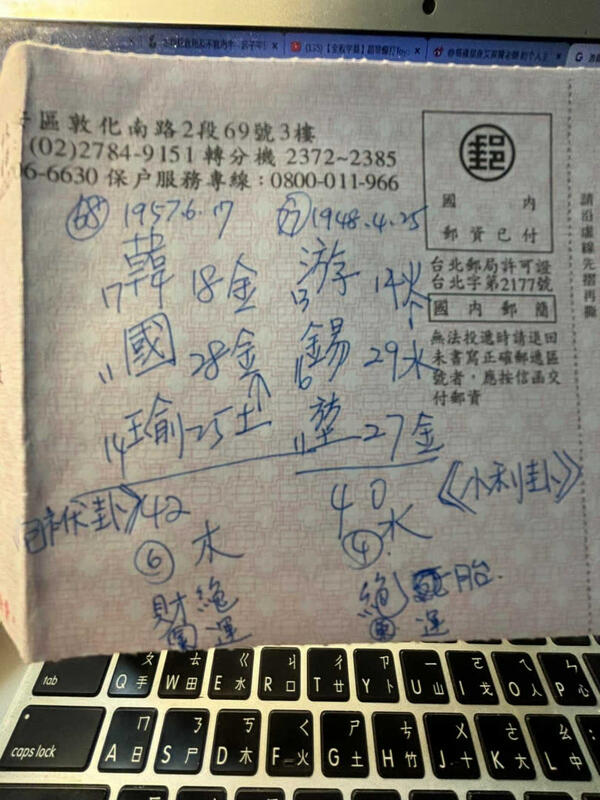 艾菲爾上（1）月 23 日於臉書上發文，稱將韓國瑜和游錫堃的名字、生日綜合推算後，得出「游錫坤，勝」的結果。 圖：取自臉書「塔羅牌老師艾菲爾」