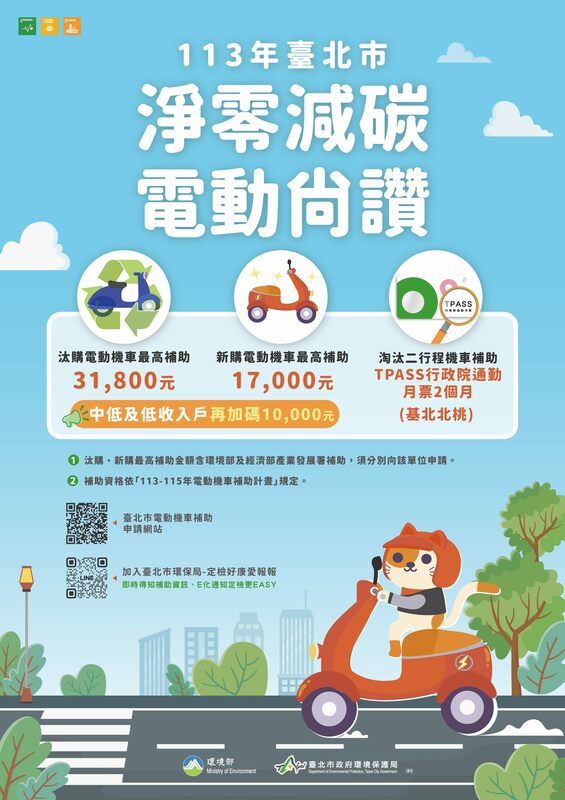出廠滿10年以上的老舊機車換購電動機車可享有3萬1800元，若中低收入戶再加碼一萬元。 圖：台北市政府環保局／提供