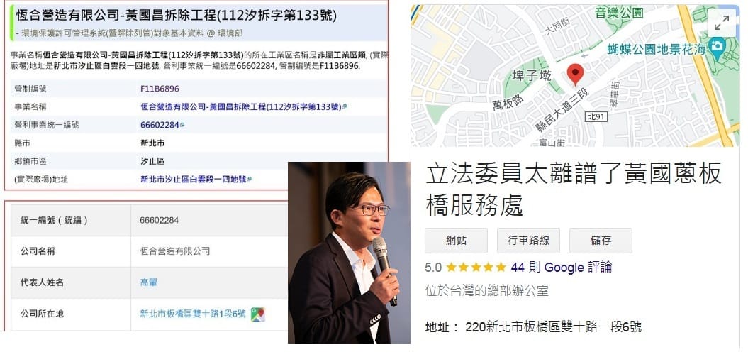 「四叉貓」在臉書驚爆，黃國昌（中圖）板橋辦事處住址竟然與「恆合營造」的登記地址（左圖）相同，而當地已經被網友改名「太離譜」。 圖：翻攝自劉宇、黃國昌臉書，Google／新頭殼合成