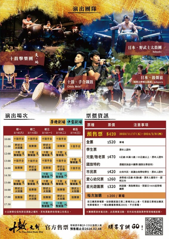 「鼓動慶王城」共有5團表演團隊，除了十鼓傳統鼓樂兩團、手合創新搖滾系列，還有日本武士風格系列加入十鼓節演出團隊卡司，同時邀請2團日本強棒─「野武士太鼓團 Nobushi」、「鼓舞猿（福岡大學和太鼓部） kobuzaru」，演出一場接一場，用鼓樂打響新的一年。 圖：十鼓文創園區提供