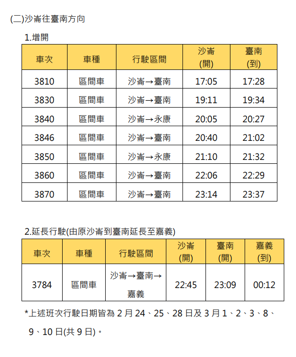 台鐵公司為服務賞燈旅客，加開車次及部分車站時刻。 圖：取自台鐵公司官網