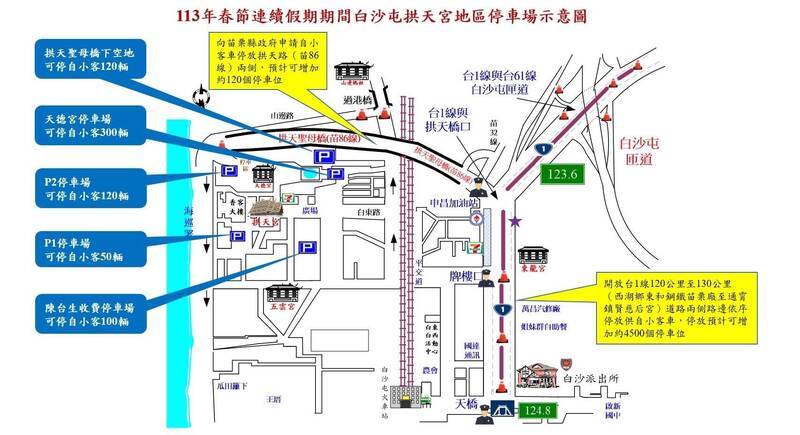 通霄警分局將於2月8日至14日(小年夜至大年初五)，每日早上8點至下午6點，於拱天宮周邊實施交通管制。 圖：通霄警分局／提供