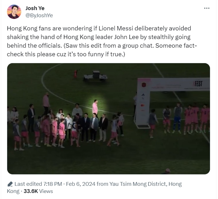 路透社記者轉貼網友影片，指阿根廷球王梅西（光圈處）在港特首李家超率港府官員與球員握手時，悄悄繞過隊伍，避免接觸。 圖：翻攝自Josh Ye推特影片