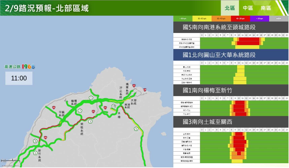 春節連假除夕北部路段南向路況預報圖。 圖：交通部高速公路局／提供