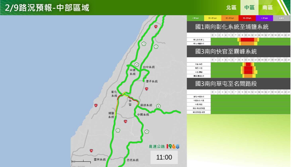 春節連假除夕中部路段南向路況預報圖。 圖：交通部高速公路局／提供