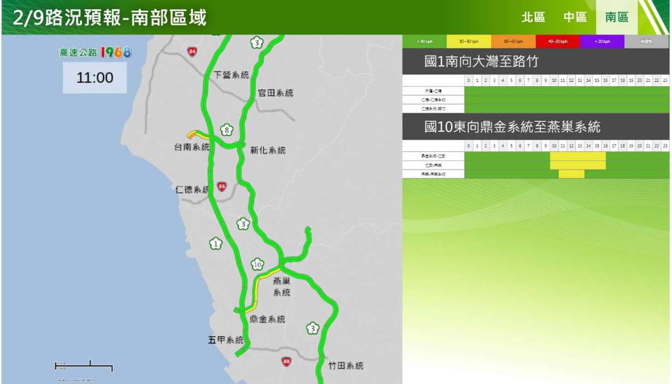 春節連假除夕南部路段南向路況預報圖。 圖：交通部高速公路局／提供