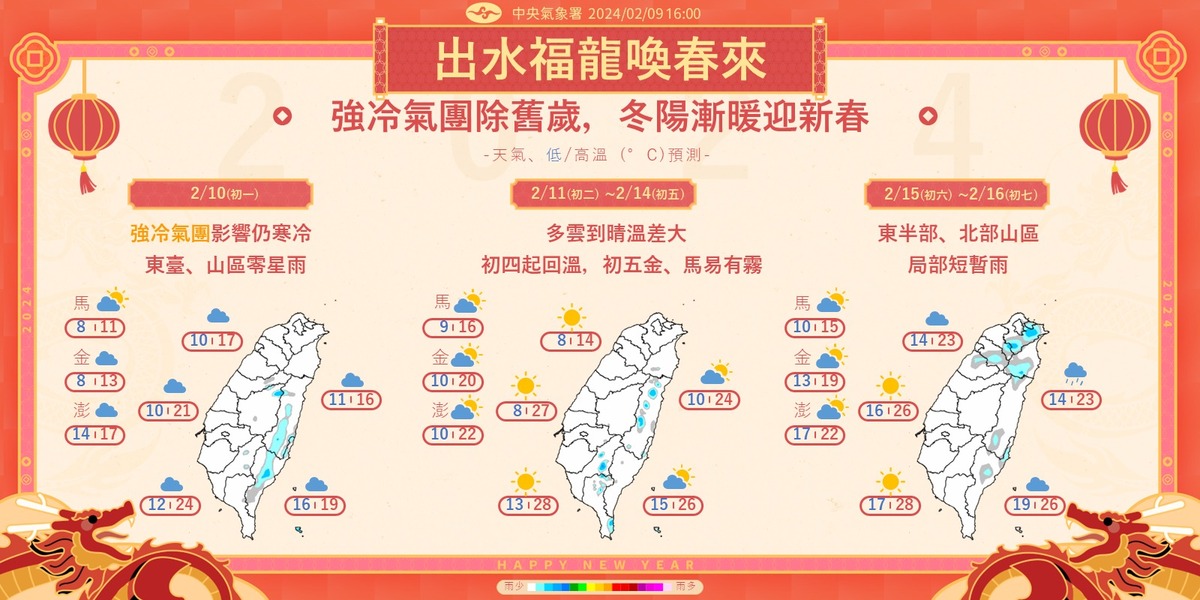 明(10)日基隆北海岸、東半部地區、恆春半島及山區將有局部短暫雨。 圖：取自報天氣 - 中央氣象署臉書