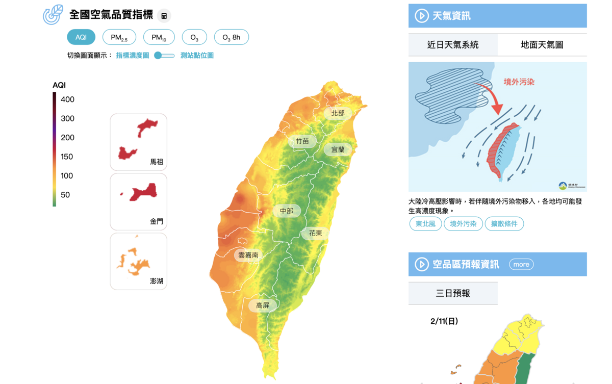 東北風挾帶境外汙染物移入影響台灣，下風處容易累積污染物，離島地區汙染物濃度較高。 圖：取自空氣品質監測網