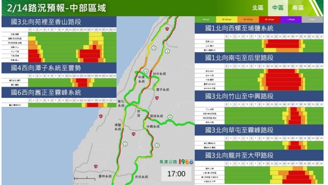高公局預估，今天上午重點壅塞路段為國1北向西螺-埔鹽系統、南屯-后里；國5北向宜蘭-坪林等路段。 圖/高公局提供