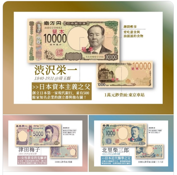 日幣新紙鈔將在今年夏天登場，包括新的1萬円（上圖）、5000円（下圖左）與1000円紙鈔，　阿拉伯數字更明顯。 圖：翻攝自日本台灣交流協會臉書