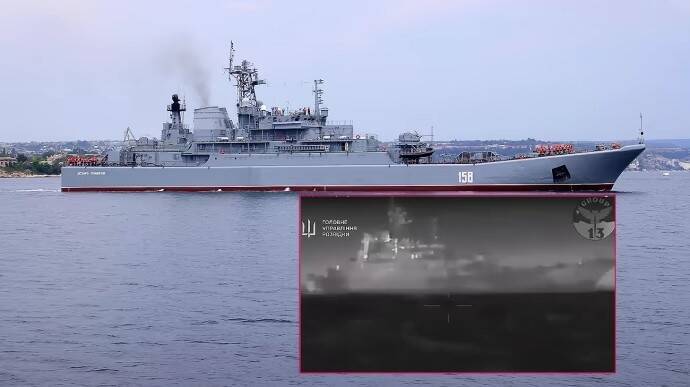 俄羅斯海軍大型登陸艦凱薩庫尼科夫號遭烏克蘭無人艇機擊沉。 圖：翻攝