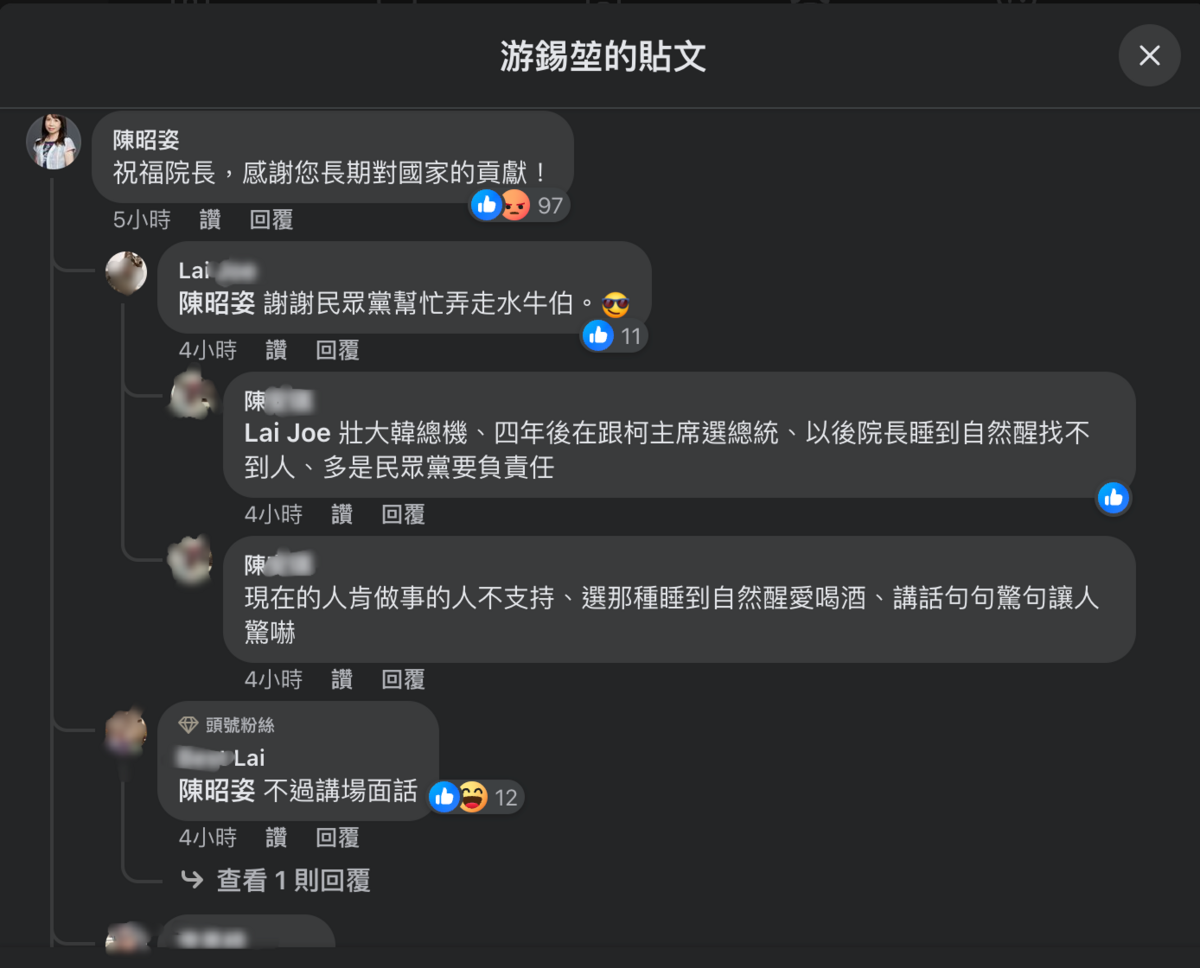 民眾黨立委陳昭姿於前立法院長游錫堃臉書下留言，卻遭不少網友留言諷刺。 圖：翻攝臉書
