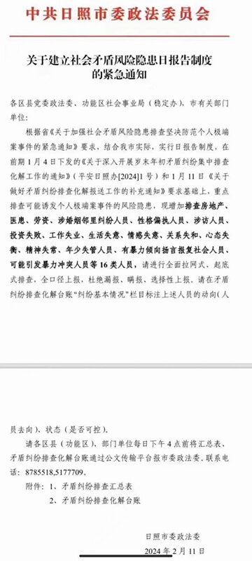 傳官方緊急出手，要求排查包括投資失敗、生活失意、精神失常及有暴力傾向等 16 類人員。 圖：取自網路