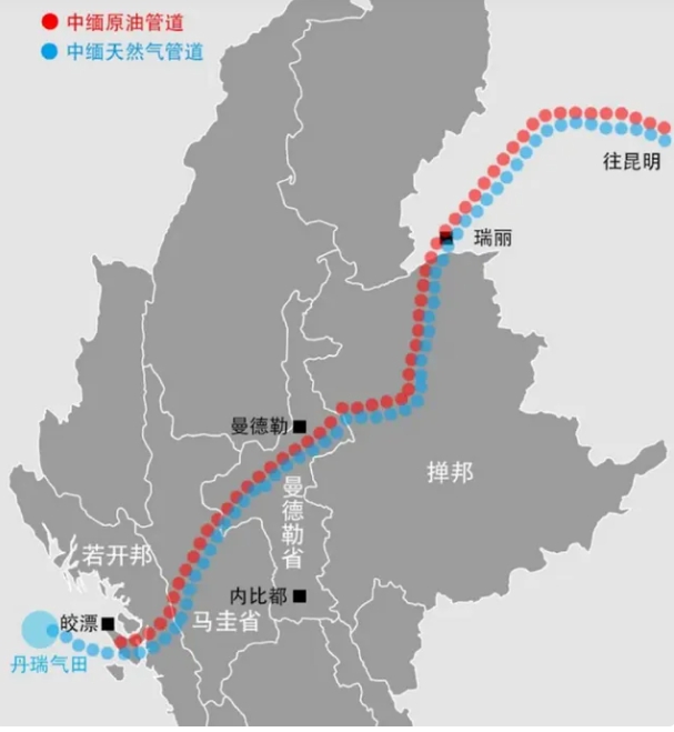 對於中國來說，皎漂港的安全至關重要。於 2017 年正式啟用，使中國進口中東原油不必再經麻六甲海峽的中緬油氣管道，起點就在皎漂港及不遠處的馬德島港。 圖 : 翻攝自唐駁虎