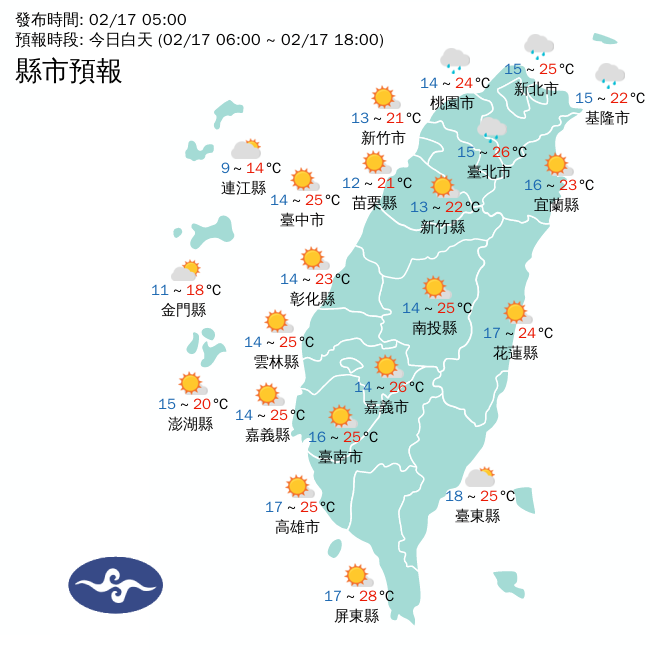 今天清晨受東北季風及輻射冷卻影響，各地天氣偏冷，白天起東北季風減弱，氣溫將開始回升，各地大多是多雲到晴的好天氣，高溫可達攝氏26度。 圖：中央氣象署／提供