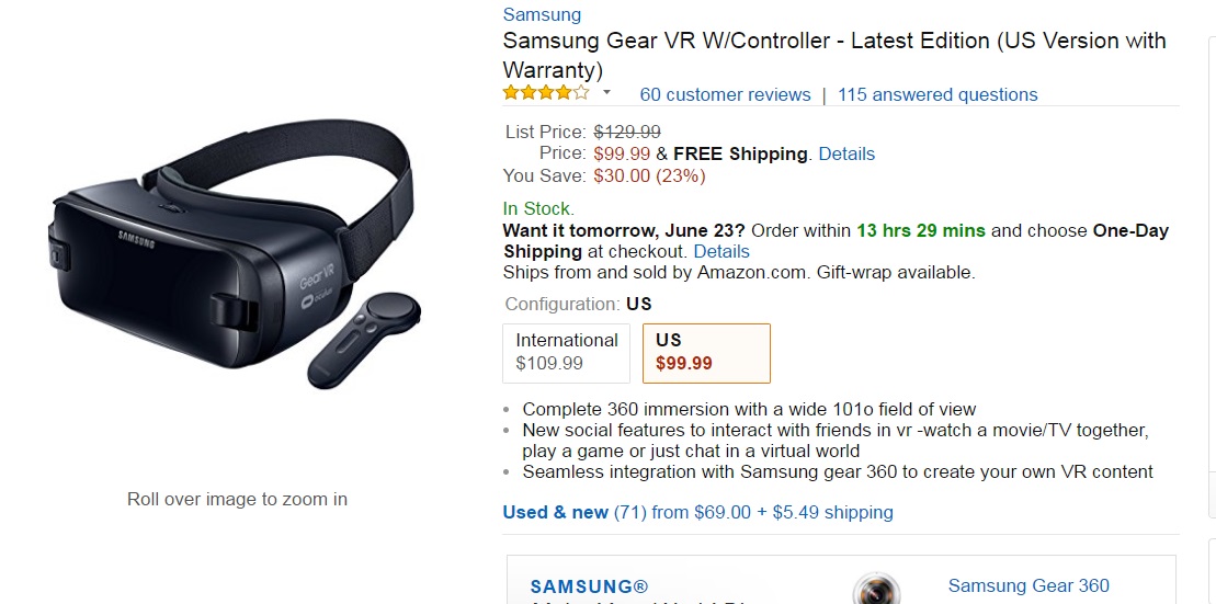 VR市場難生存？ Samsung Gear VR僅3個月即降價30美元。 圖：翻攝自amazon