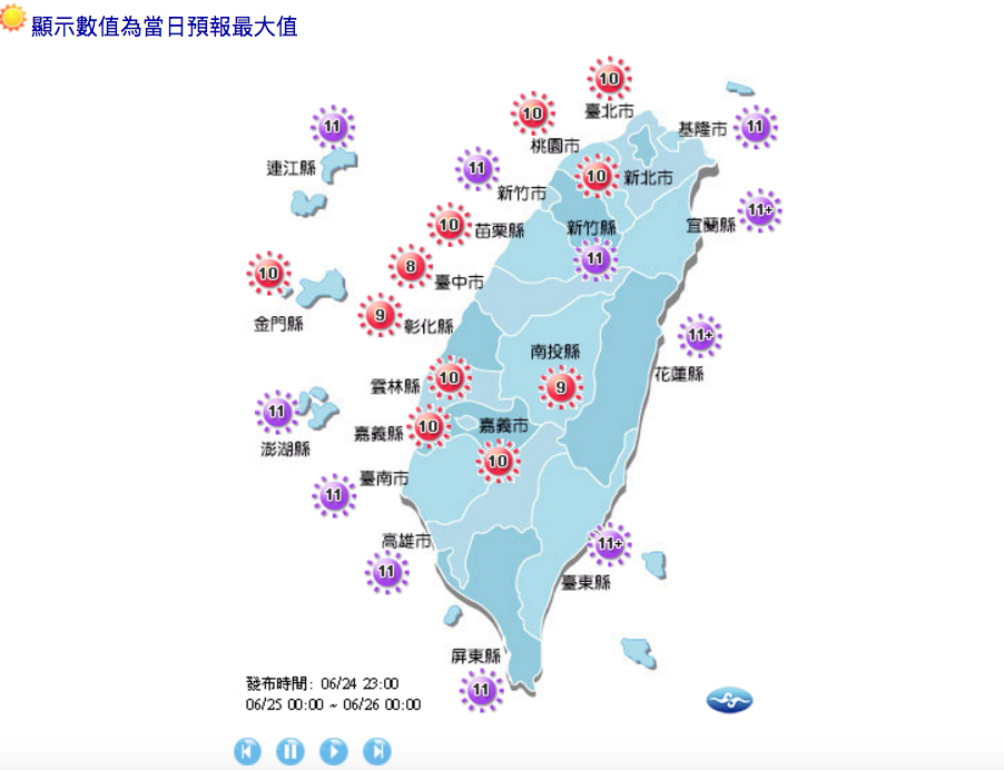 今日天空晴朗紫外線指數有11縣市達到過量或危險級，請避免在戶外長時間劇烈運動避免熱傷害。 圖：中央氣象局