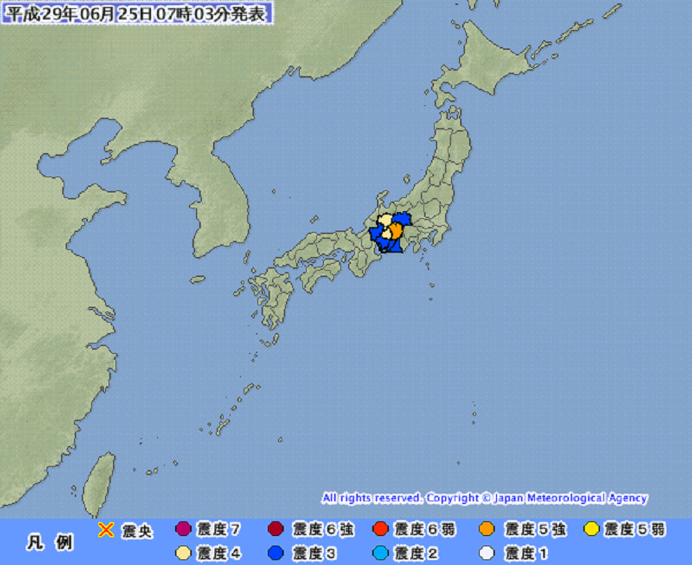 日本本州中部長野縣清晨地牛翻身，新幹線列車一度暫停行駛 圖：翻攝日本氣象廳