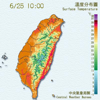 11點時台東地區(大武)高溫已達36度，並有37度以上高溫發生的機率。 氣象局