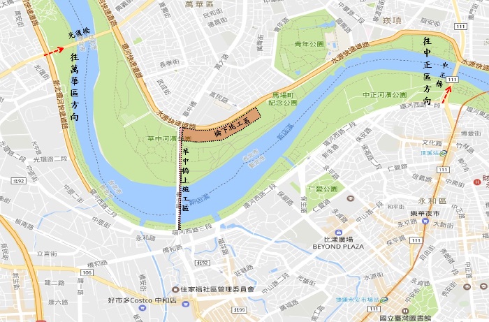 台北市政府工務局提醒，華中橋施工期間，民眾可改走光復橋及中正橋。 圖 : 台北市政府工務局/提供