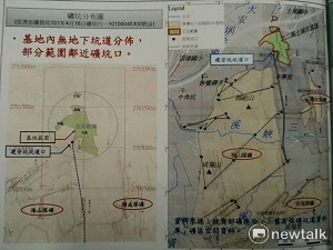 遠雄在海山媒礦舊址申請變更的基地（右上方紅線所框範圍），與坑道口相距約250公尺，圖中基地下方黑線是過去的坑道。
  圖：新北市城鄉局/提供