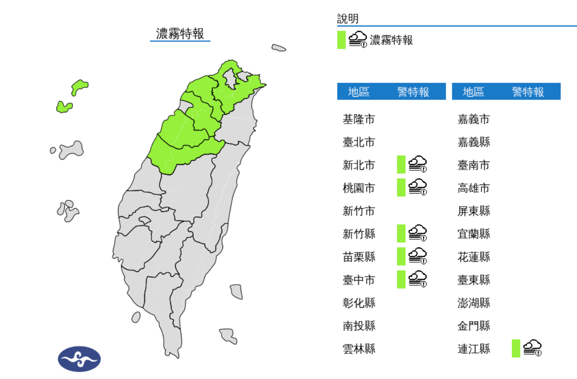 氣象署發布濃霧特報，馬祖、金門及清晨西半部地區易有局部霧或低雲影響能見度，新北、桃園、新竹、苗栗、台中及馬祖已出現能見度不足200公尺的現象，台北能見度也較低，請注意。 圖片來源/氣象署