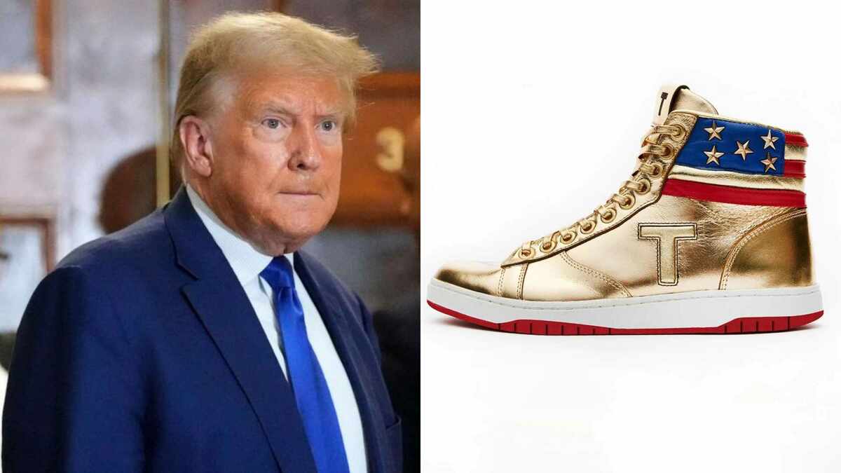 川普上週末突然現身於美國賓州舉辦的 Sneaker Con 球鞋展，並展示了一款名為「永不投降」的金色高筒運動鞋，卻遭拜登發言人酸：「盜版！」 圖 : 翻攝自 X 帳號 @realDonaldTrump、@KicksFinder（新頭殼合成）