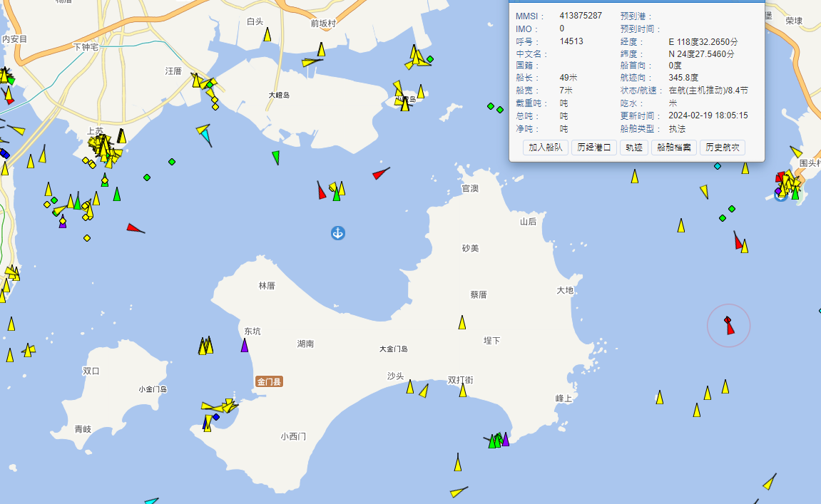 19日下午6點時，仍有許多中國海警的執法船在金門周遭。 圖 : 翻攝自港口網