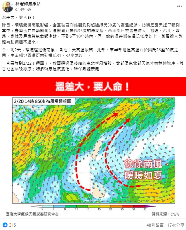 今日日夜溫差大，同一站的溫差都在攝氏10度以上。 圖：取自林老師氣象站