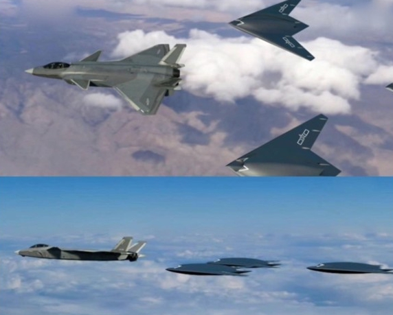 解放軍殲-20戰鬥機指揮GJ11 (攻擊11)隱形無人機「忠誠僚機」編隊作戰。 圖 : 翻攝自軍事觀察