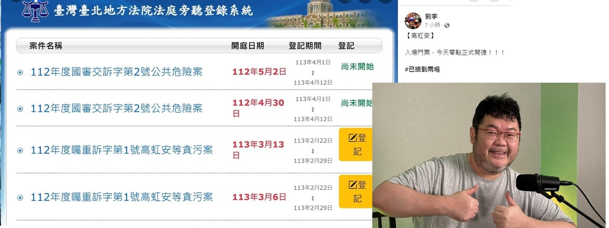 今年高虹安的第一次開庭是在3月6日上午，緊接的是3月13日上午，「四叉貓」（右下圖）順利登記到這2場的旁聽。 圖：翻攝自劉宇臉書／新頭殼合成