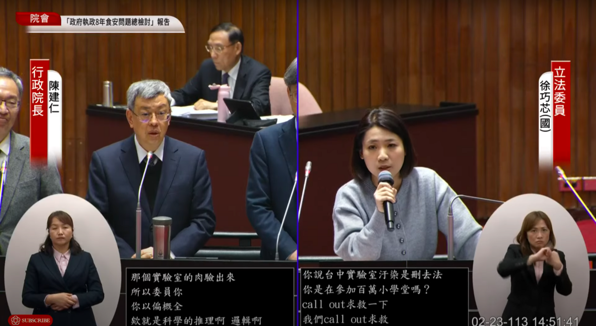 國民黨立委徐巧芯在食安專報質詢與行政院長陳建仁爆發激烈口角。 圖：翻攝自國會頻道