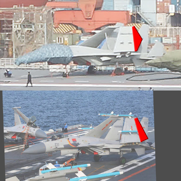 中國軍事迷發現「福建號」搭載的「殲-15T」模型機後方襟翼與實機不同，推測是否增加折疊數。可能影響艦載機數量。 圖：翻攝「微博」@彩虹熊＿白瑋