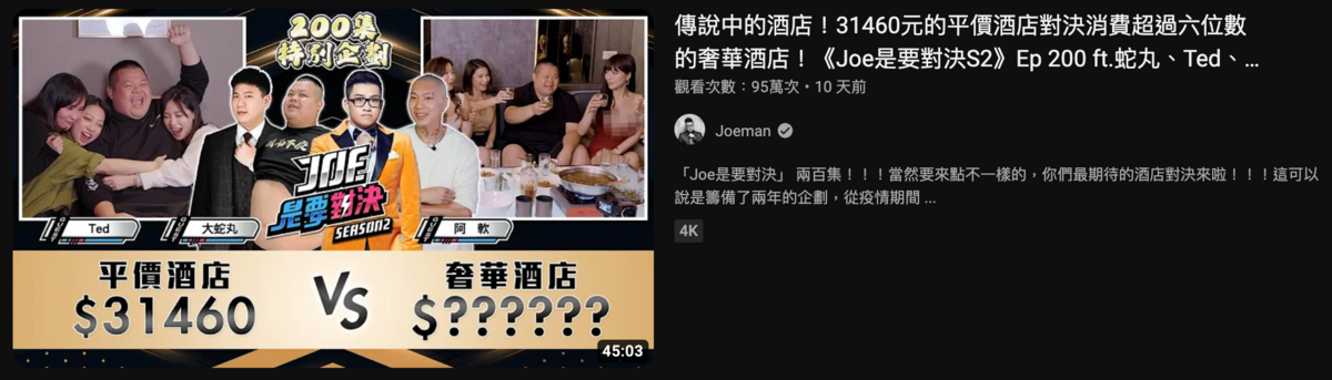 Joeman為了慶祝《Joe是要對決》節目做滿200集，推出「平價酒店對決奢華酒店」特集。 圖：翻攝自Joeman YT頻道