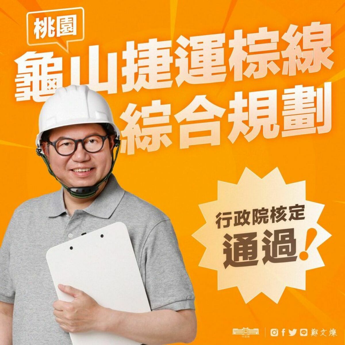 行政院副院長鄭文燦向桃園鄉親報告好消息，稱行政院1日核定「桃園龜山捷運棕線」可行性研究及綜合規劃報告，桃園市政府即可進行發包作業。 圖：翻攝「臉書」鄭文燦粉絲專頁